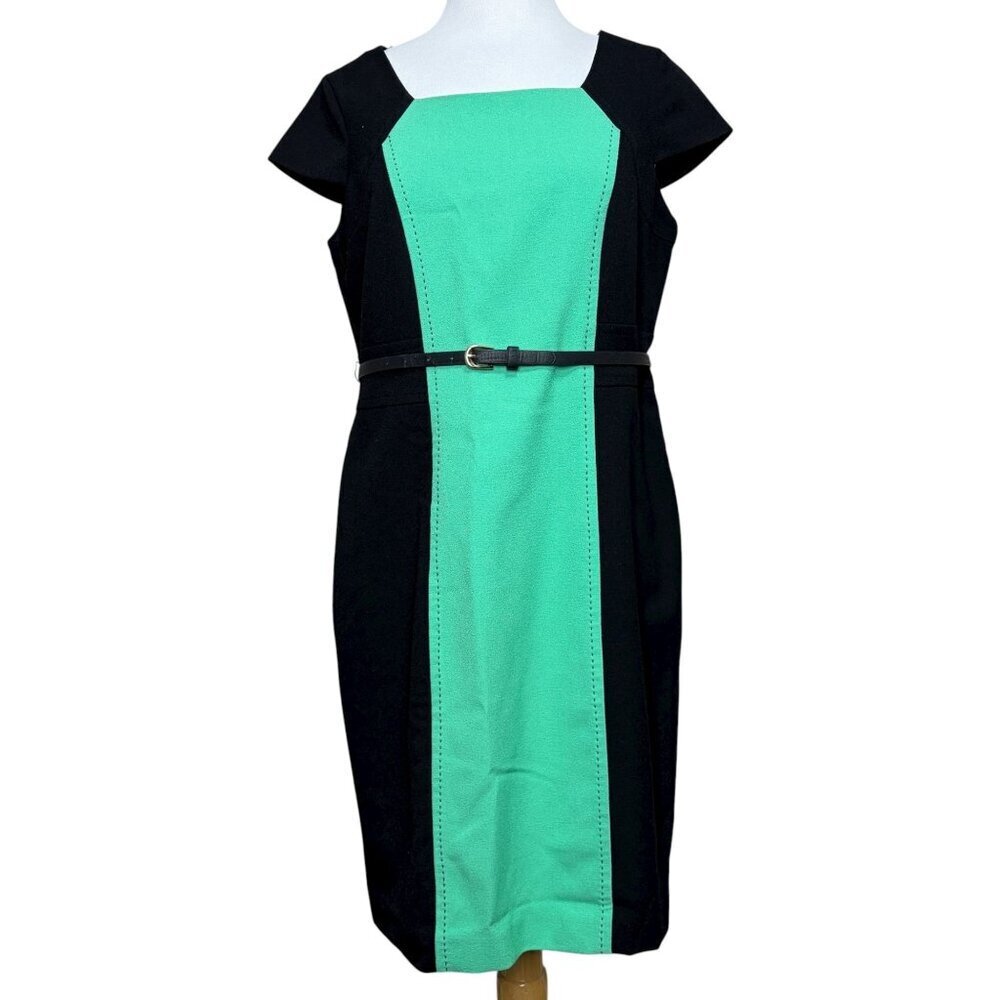 Liz Claiborne Dress Size 12 Black Green Mod Colorblock Belted Career Sheath